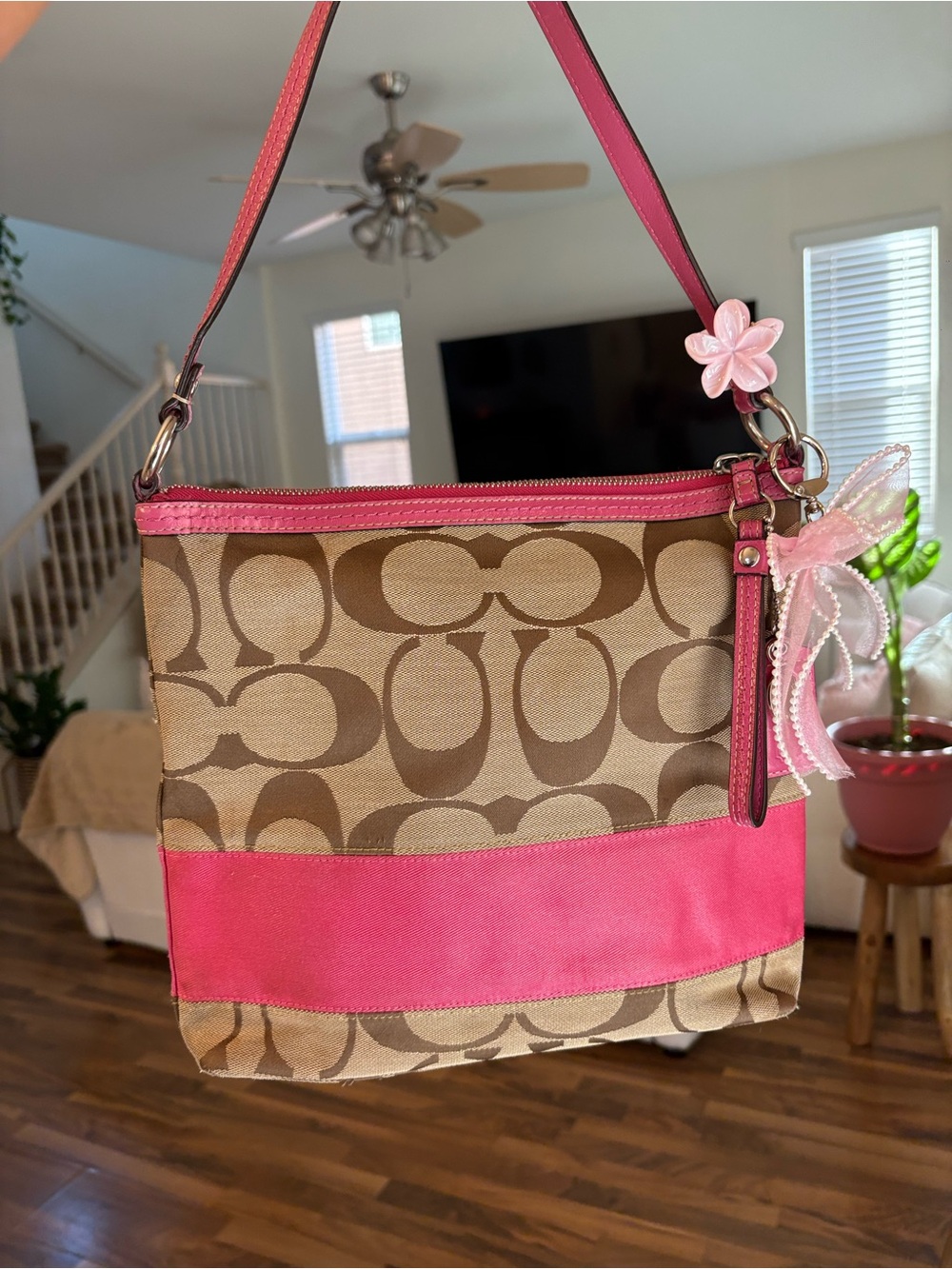 Coach‎ Signature Khaki Pink Leather Trim Small Hobo Shoulder Bag F13674